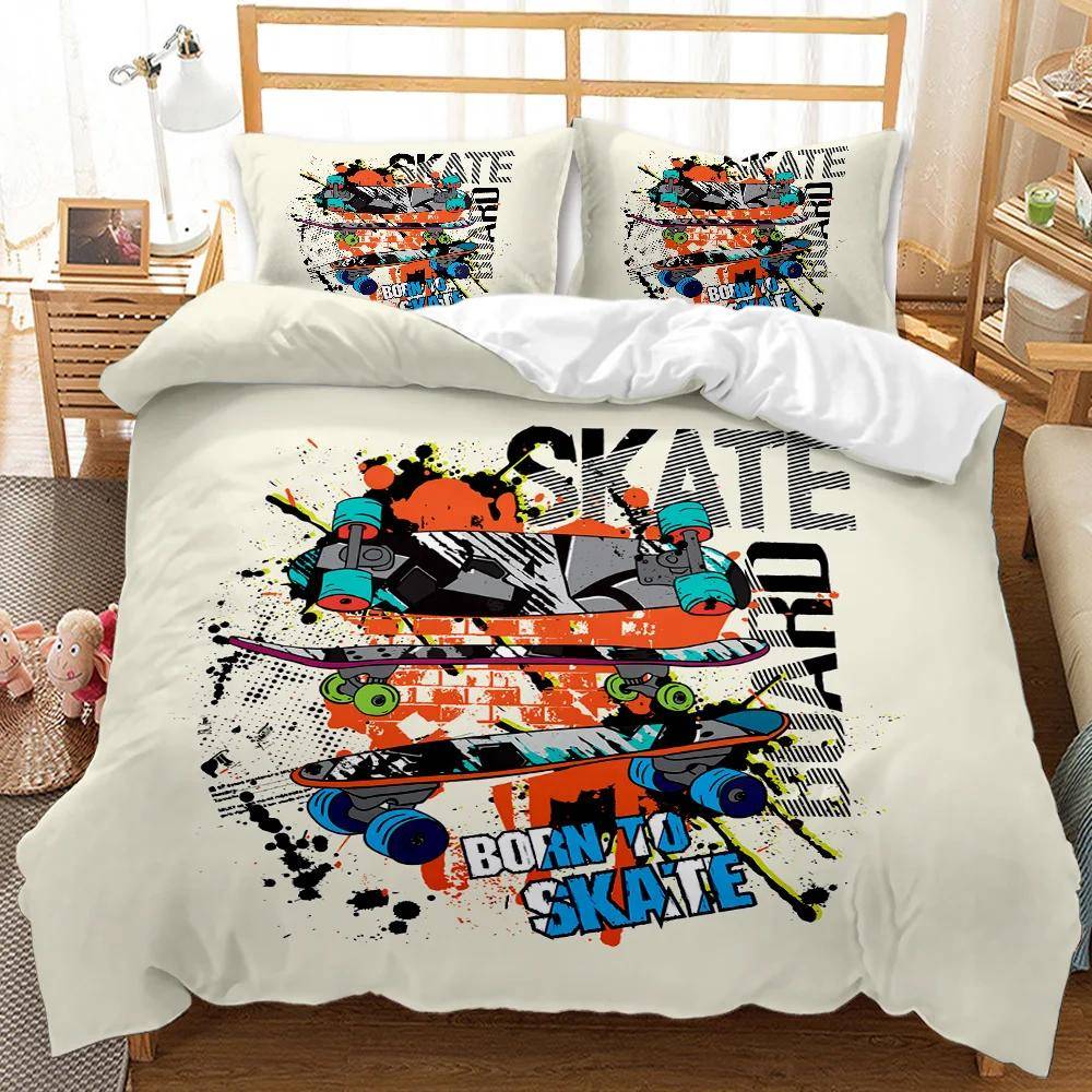 Skateboard Påslakanset Skateboardspelare Hip Hop Sängkläder Set Tonåringar Street Hobby Sport Hippie King Size Polyester Täcke 200x200cm 3pcs