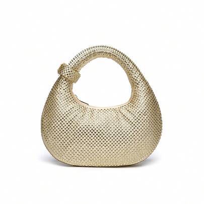 Överdimensionerad glänsande månväska, elegant festväska, Abacus-väska, damväska med nitar, avslappnad atmosfär, exklusiv handväska med strass, glitter - Guld