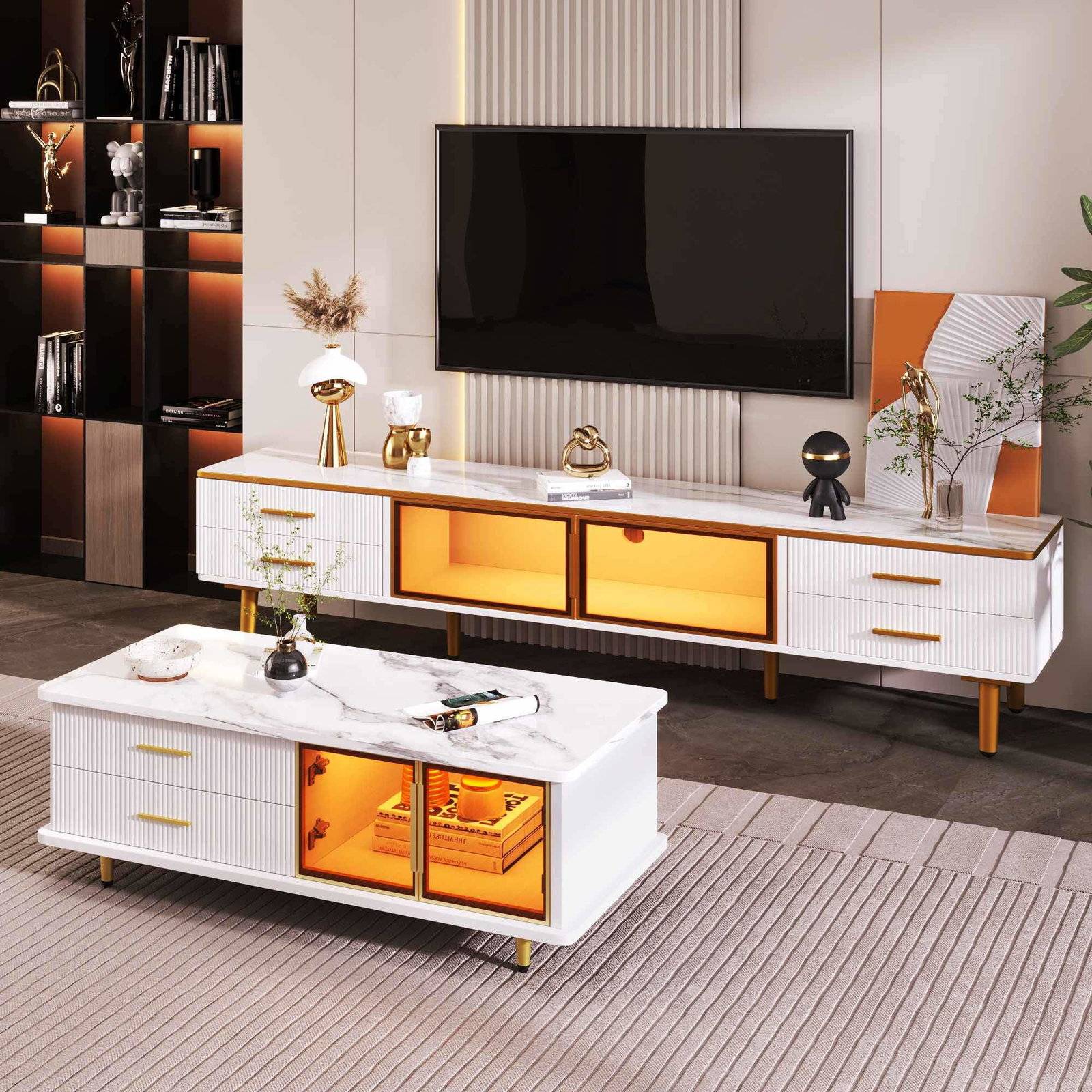 Modern TV-bänk och soffbordsset – Glas och marmor