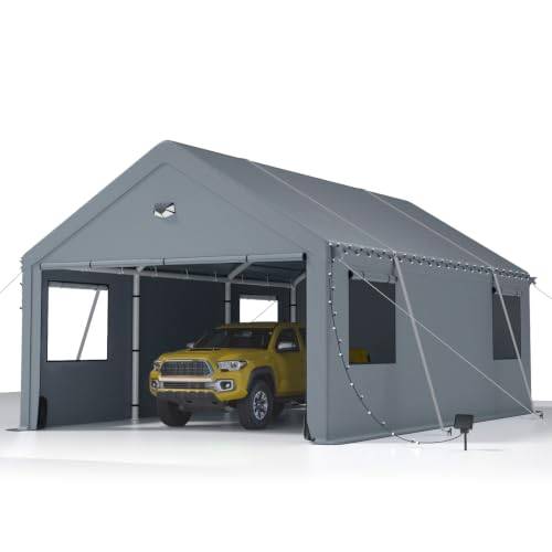 Carport Garage 3 x 6 m extra stort vinterbeständigt garagetält med upprullningsfönster för bilar, SUV, båtar och lastbilar, avtagbara sidoväggar och tak - lager