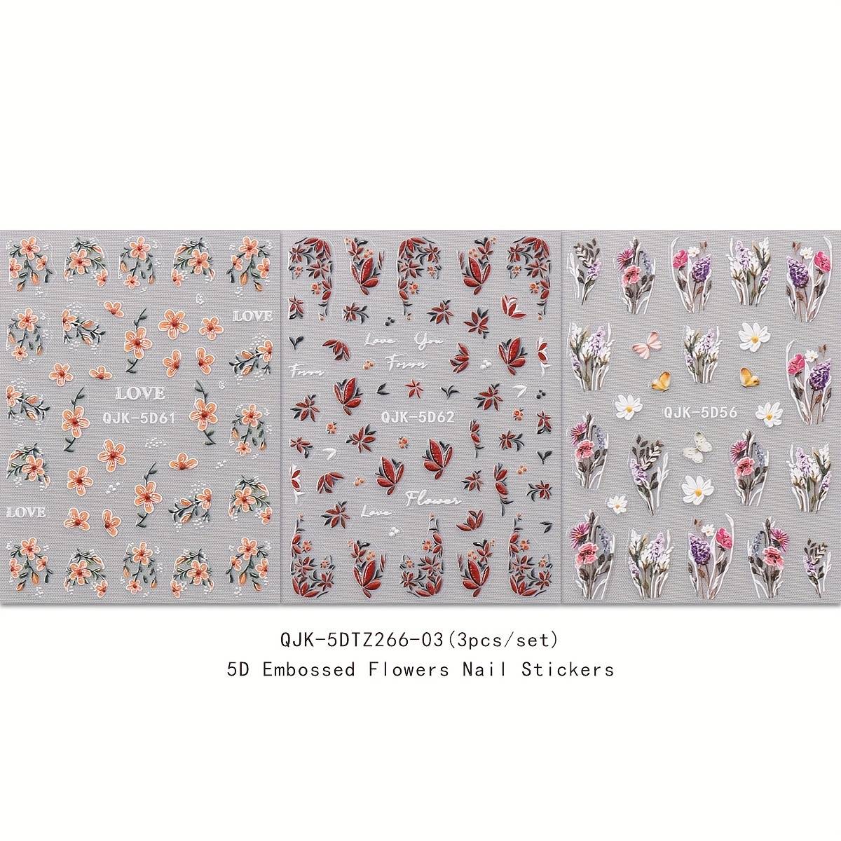 Of 5d Embossed Nail Art Stickers Featuring Spring Flower Designs, Including Beautiful Clusters Of Red, Pink, And Purple Flowers, Along With -petal Flowers For Acrylic Nail Decoration