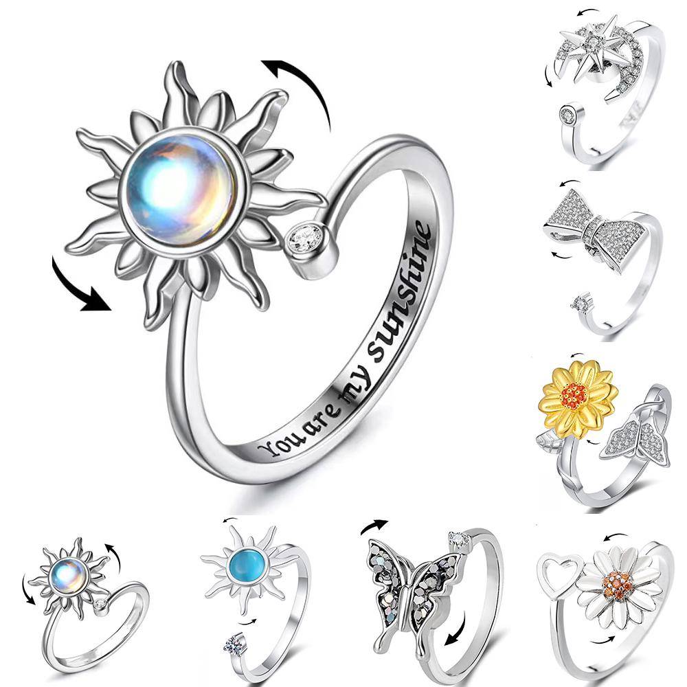 Solroskristall Ångestlindrande Snurrande Fidget-ring för Flickor Roterar Fritt Metall Koppar Knogring Dam Smycken Gåvor