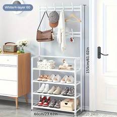 TEMU 1pc 5-tier Sturdy Carbon Rack With Hooks - Versatile Space-saving Hanger & Shoe Shelf, Easy Assembly, Black - Ideal For Living Room Or Bedroom Storage, Hangers For Clothes, Shoe Displays