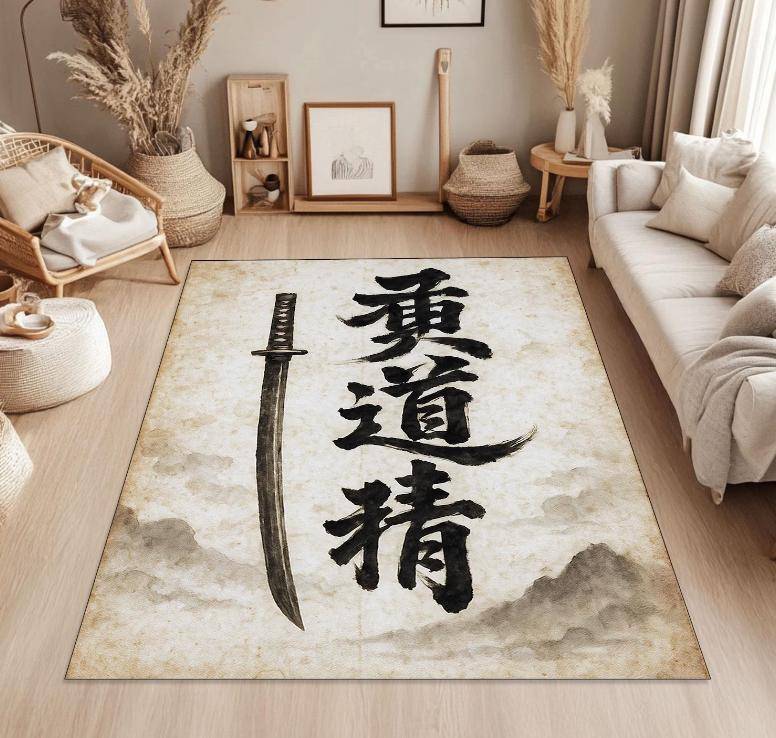 Japansk Svärdmatt, Kanji Kalligrafi Matta, Samurai Zen Accent, Minimalistisk Asiatisk Stil Matta Vardagsrum Sovrum Kontor Dekor