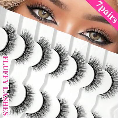 ENCHUW 7 par korsande fluffiga konstgjorda minkögonfransar volym lösögonfransremsor naturliga look lösögonfransar - Svart