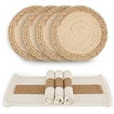 Zology Handgjorda boho-bordstabletter set med 4 – naturlig bomull säckväv och vattenhalm vävd kombination bordsmattor, makraméinredning och bondgårdsstil bordstabletter, för matbord kök
