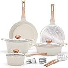 Riovarm Set med kastruller och stekpannor för induktionshäll, non-stick-beläggning i granit, med lock, PFOA-fritt köksredskapsset med träfiberhandtag, stålkastrull, soppkastrull