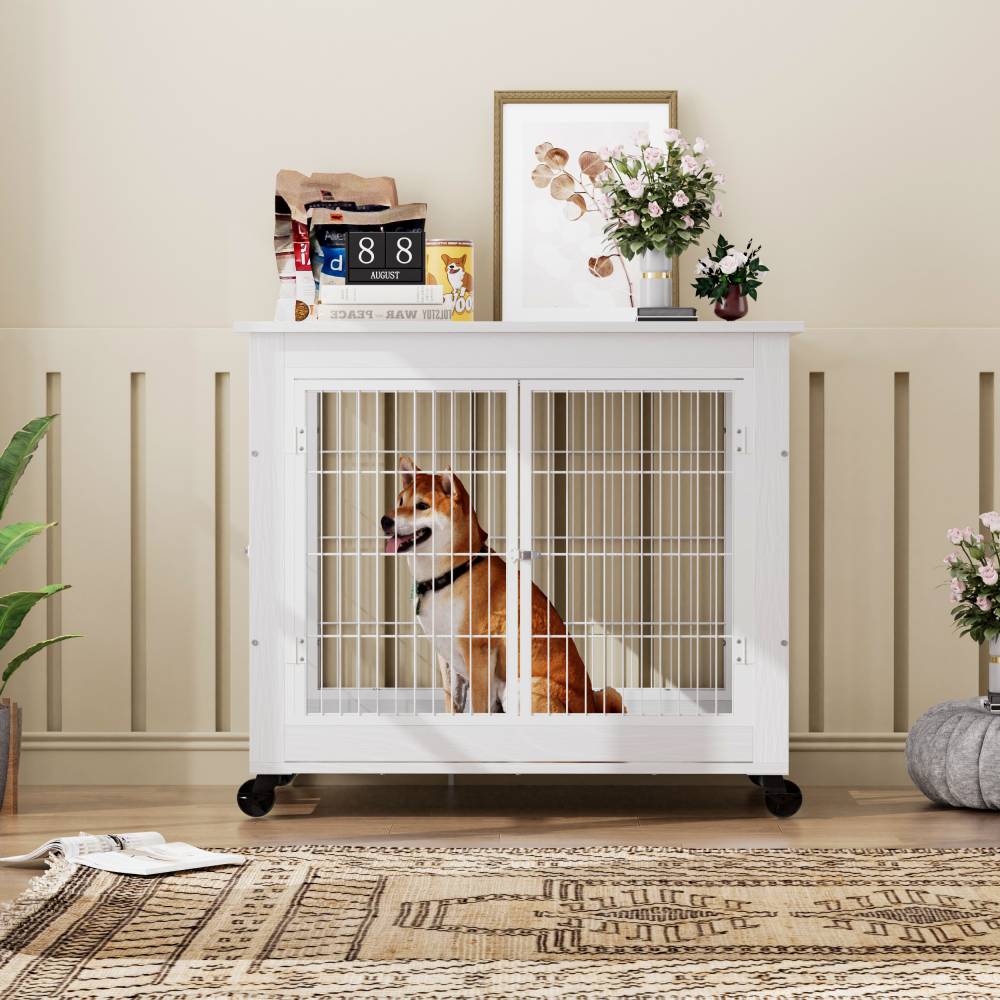 Furniture-style dog box, wooden kennel table with a double door, indoor dog house with a hinged roof, equipped with wheels for easy mobility, white, 80*56*69.5cm