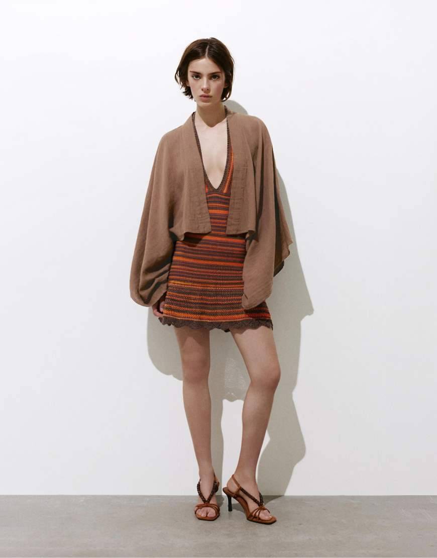 Pull&Bear – Brun, kort kimono i chiffong