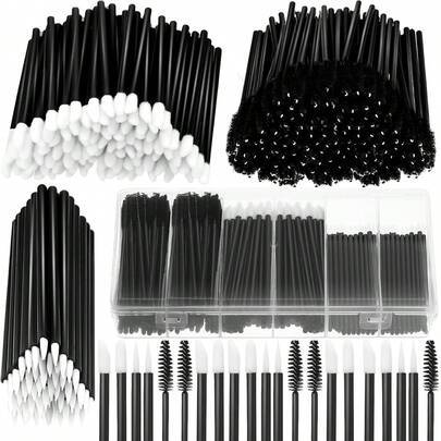 313-delars sminkverktygskit innehåller 1 st. plastförvaringslåda, hårspännen, eyelinerborstar, mascarastift och läppstiftsapplikatorer för läppar, bor - Svart