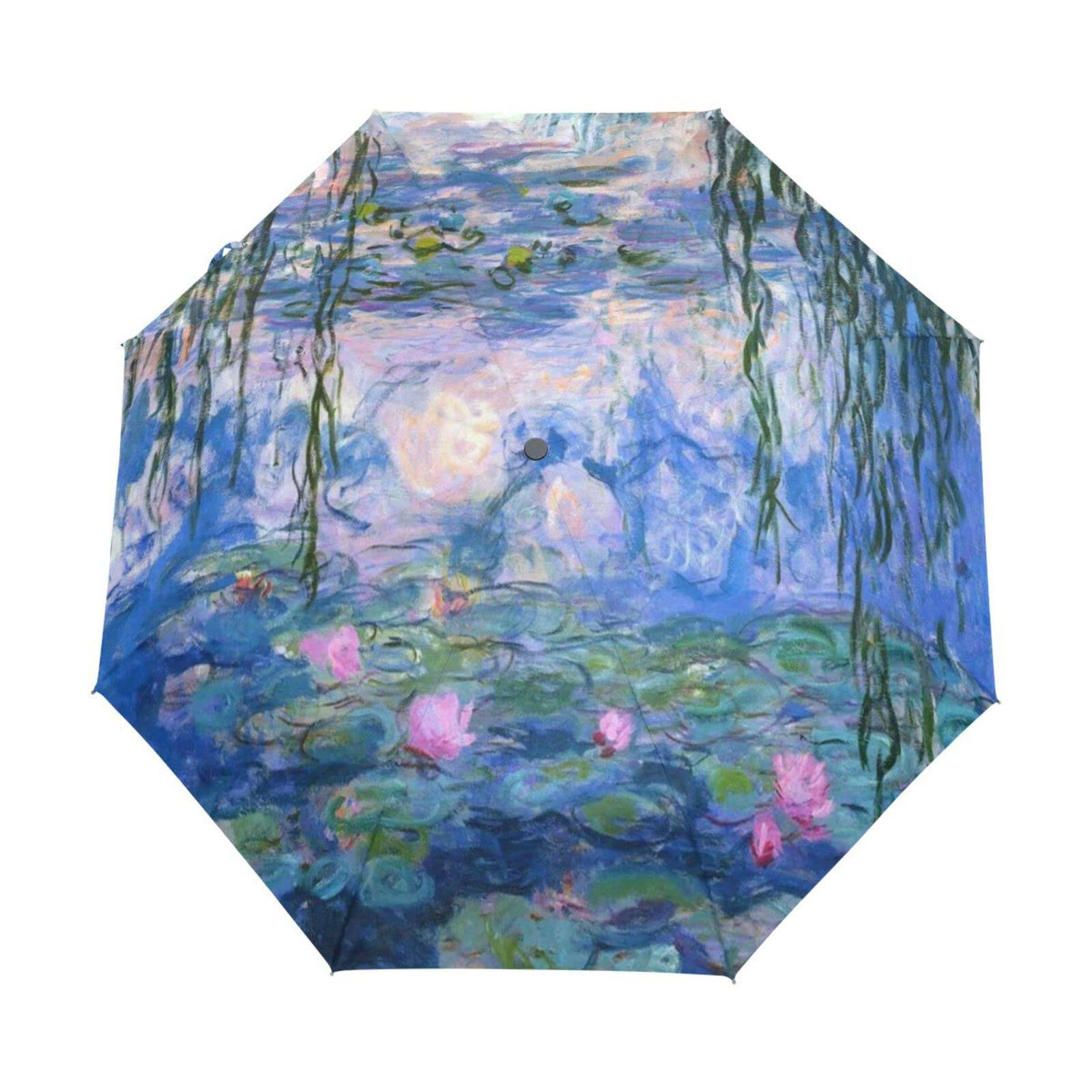Monet Claude Vattenliljor ReseParaply Oljemålning Vikbart RegnParaply Vindtätt Kompakt Lättvikt för Vuxna Tonåringar Barn