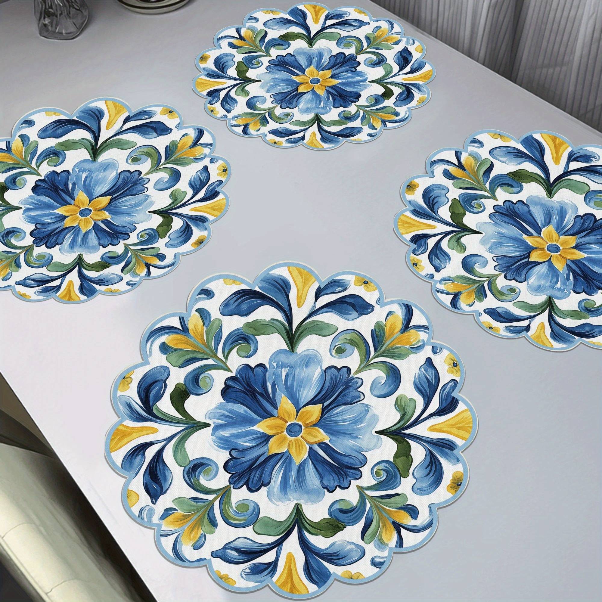 4-pack Yellow Pattern Round Waves Placemats, Winter Decor Placemats, Non-slip Fabric Table Mats, Heat Resistant, , Winter Decor For Dining & Party - 15"
