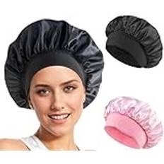 Loomify Sovmössa siden, satin hårmössa, justerbar sidenmössa för att sova, natt sovmössa, satin, bonnet för kvinnor och flickor, 2 stycken (svart, rosa), Svart, rosa