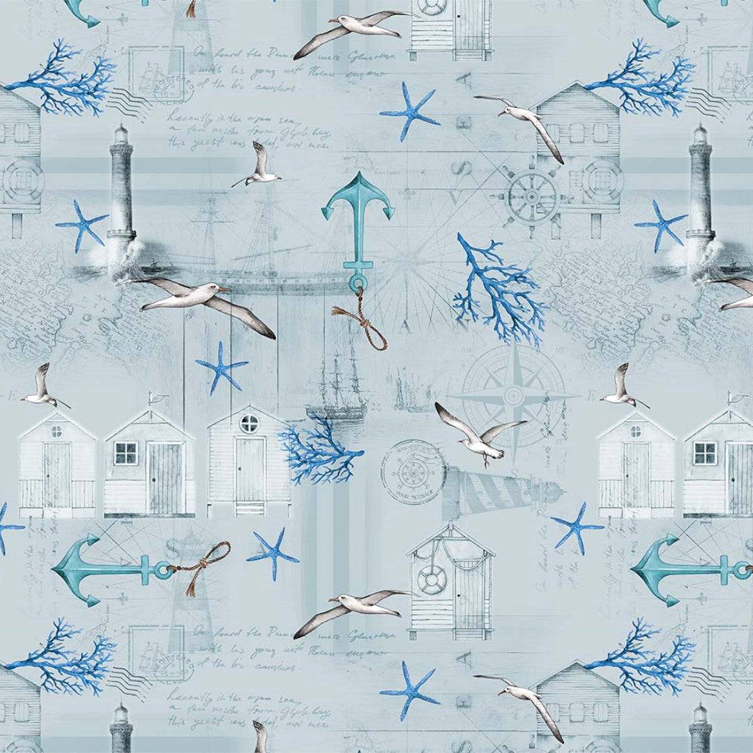 Under Himlen - Over havet - Lys grå/blå voksdug med maritime motiver