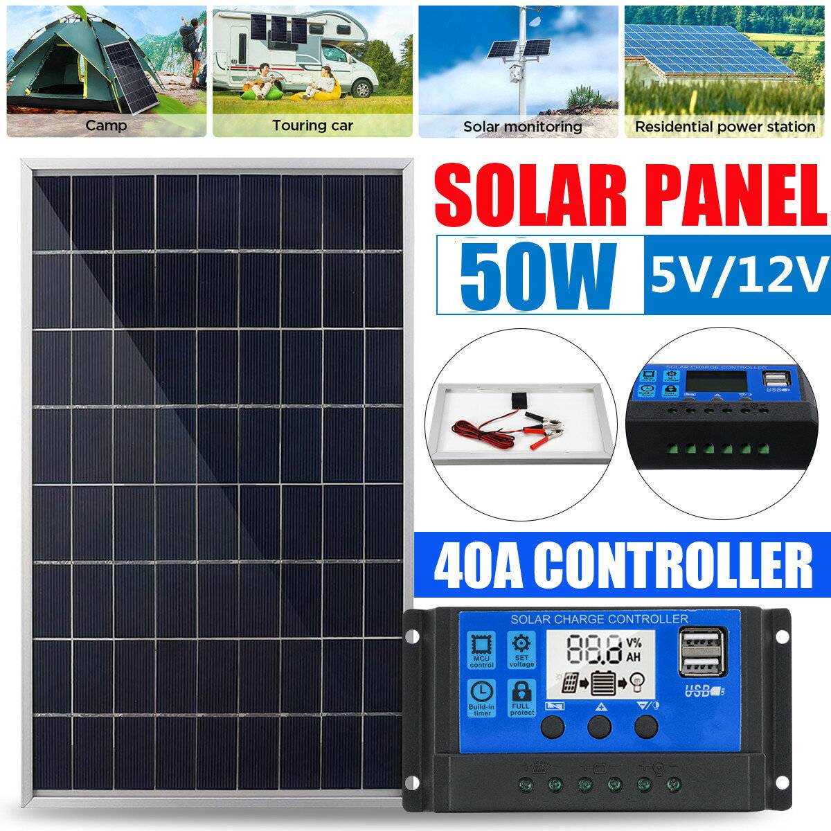 20W Solpanelssats 5V/12V batteriladdare 10A LCD-kontroller för husvagn, van och båt