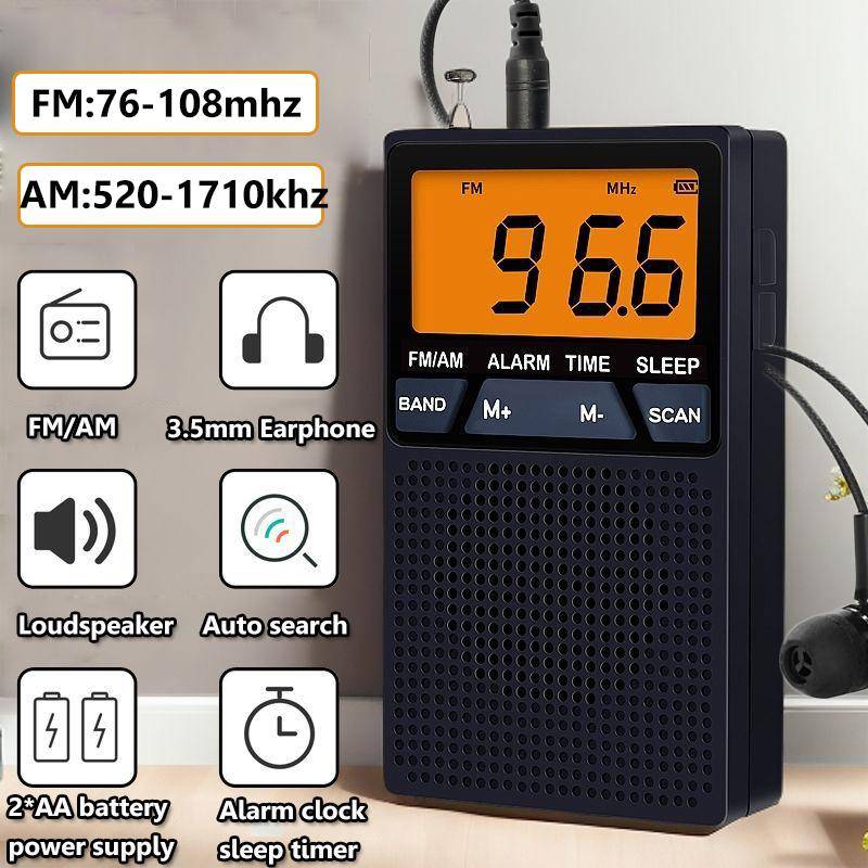 Mini Bärbar FM AM Radio LCD-skärm Radiomottagare Inbyggd Högtalare Väckarklocka med 3,5 mm Hörlursstöd Insomningstimer svart