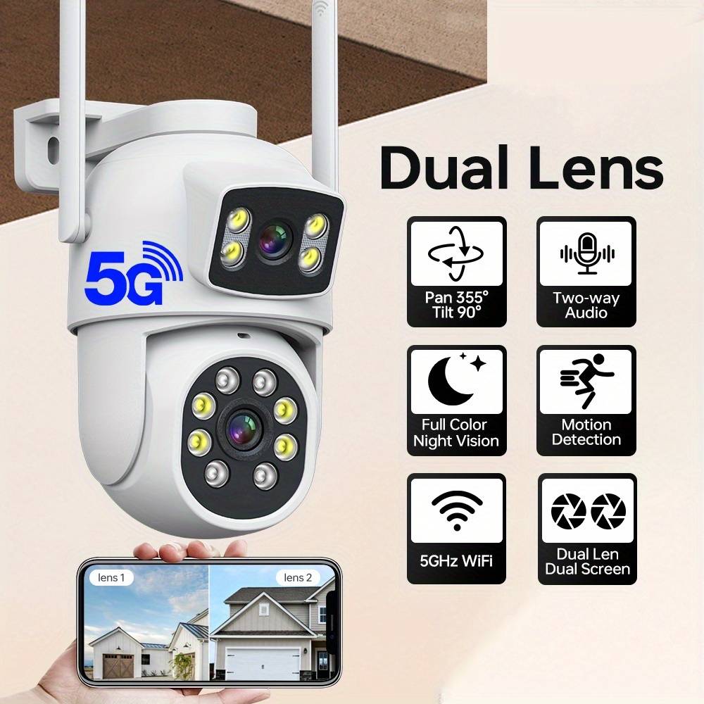 TEMU 1pc 1920p Dual Lens Security Camera, 2.4/5ghz Wifi Camera, Home Outdoor Cameras, Motion Detection, Night Vision, 355° Rotation, Works With Smartphone