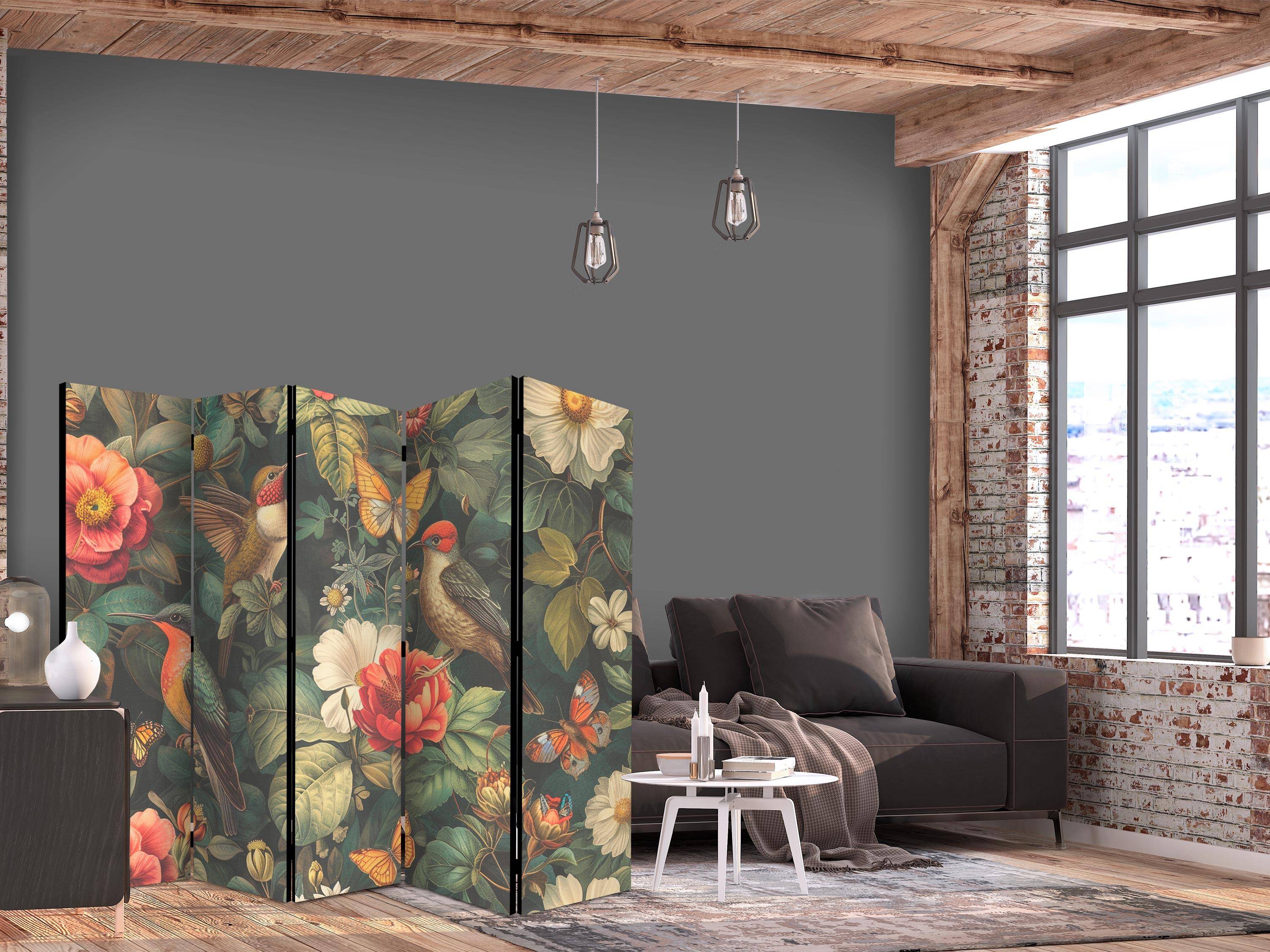 Skærmvæg til rumdeler 5 paneler - Botanisk have med blomster, fugle og sommerfugle - 225 x 172 cm - Akustik