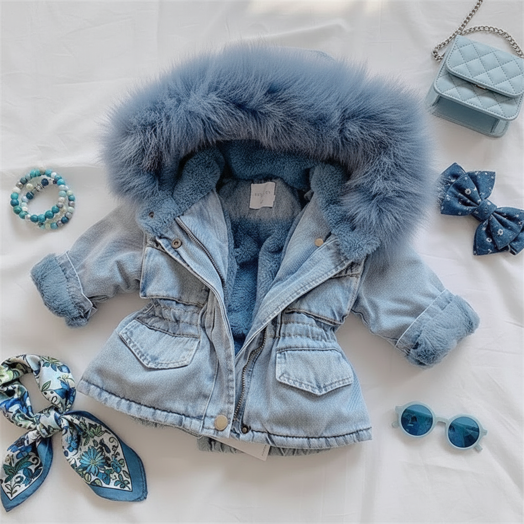 FurDream – Denim Look – Vinterjacka med huva Blå / 100 (3-4 år) | Pedagogiska Träleksaker