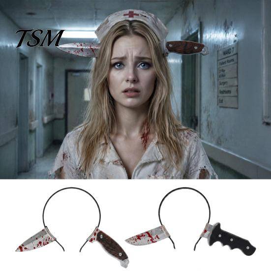 Zombiehuvudbonad Falsk Kniv Genom Huvudet Pannband för Vuxen, PU-skum Skräck Hemliga Rummet Flyktutrustning Huvudbonad Rekvisita, Rolig Halloween Kost