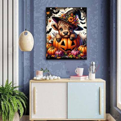 Halloween Highland Cow Diamond Art-kit för vuxna, fullborrat 5D diamantmålningskit, diamantpunktmålning hantverkskit för väggdekor i hemmet (30*40,40*50)