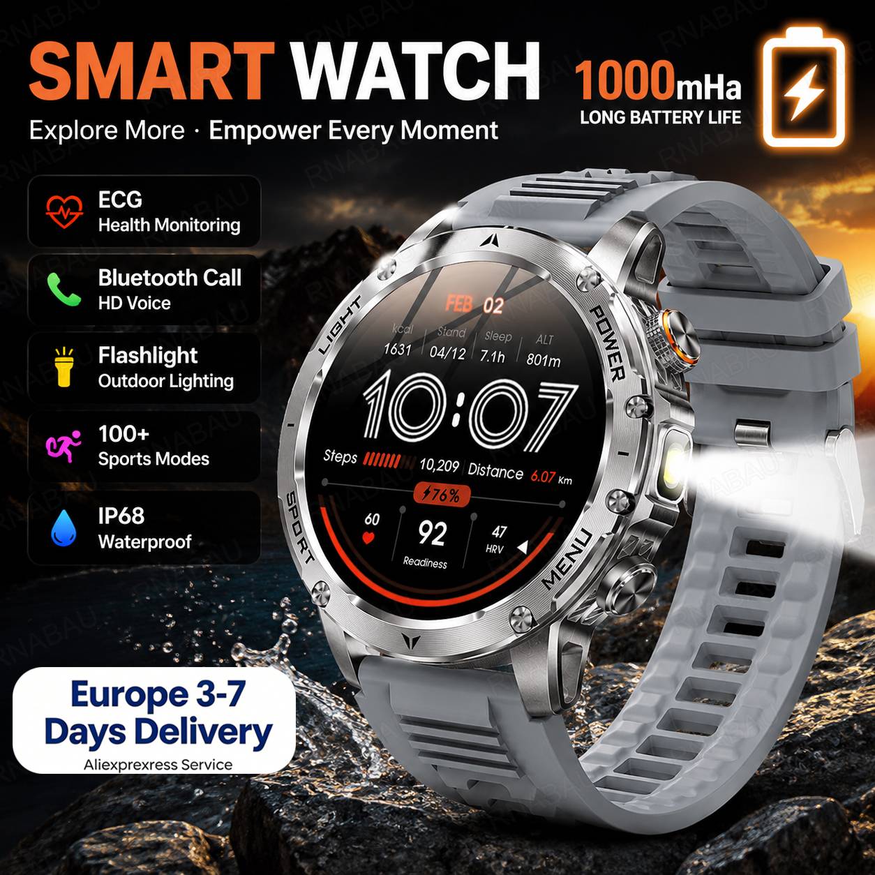 2026 New Smart Watch Men 1.7 Inch AMOLED Bluetooth Call Outdoor Sports Watch IP68 Waterproof 100+ Sports Modes Large Battery Fitness Tracker For Android iOS