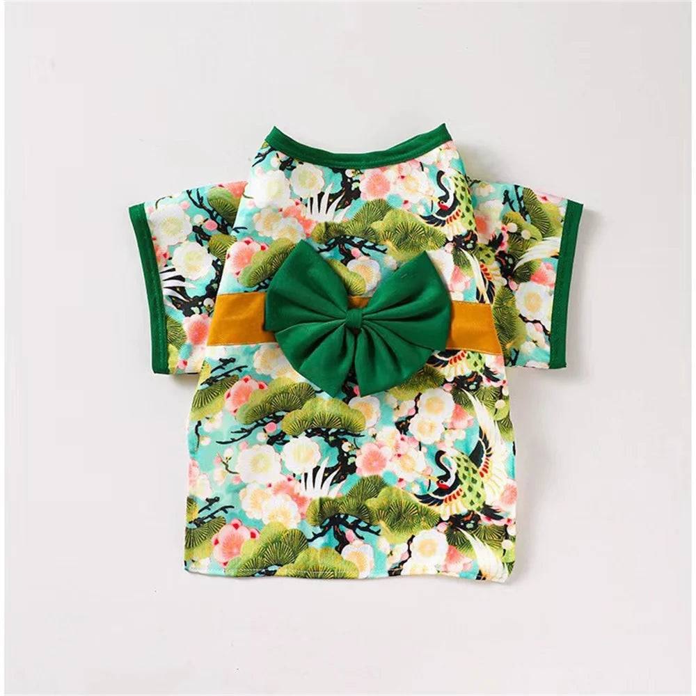 Japanese Kimono Costume for Cats & Dogs - Green Crane / SPC / S-suit 2.5-4kg (S-suit 2.5-4kg)