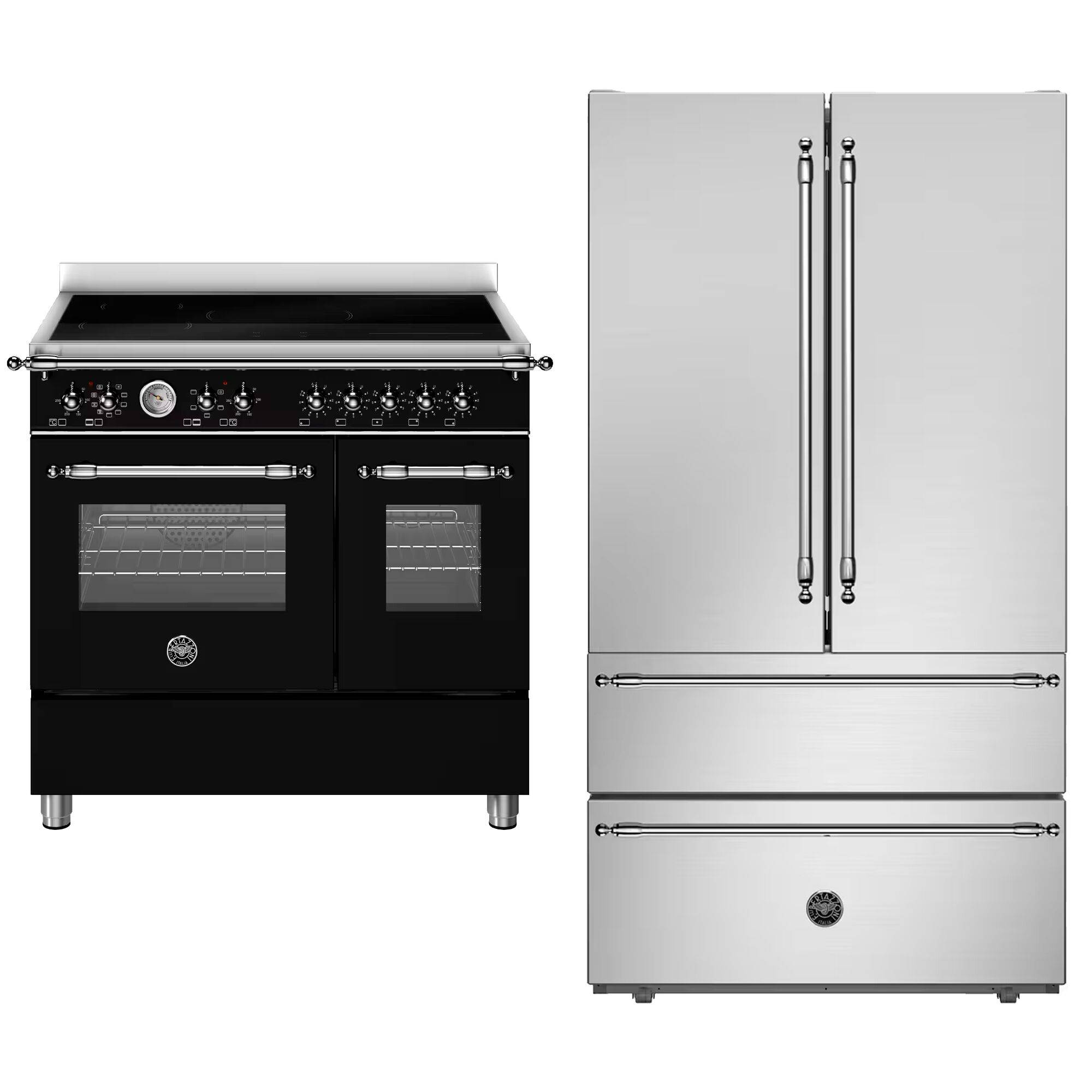 Bertazzoni Heritage HER95I2ENEC2 induktionskomfur 90 cm (uden dekorlist) & REF904FFNXTC Heritage side-by-side køl/frys med ismaskine, mat sort/rustfrit stål