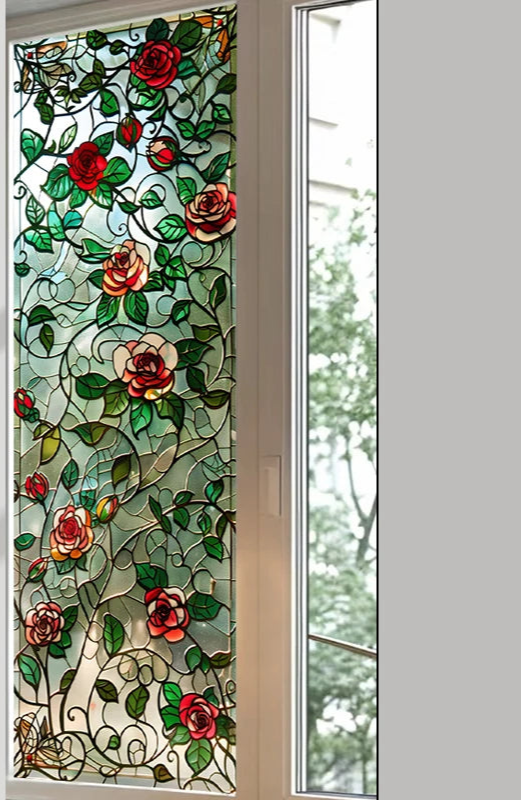 Fönsterfilm med vackra rosor i blyinfattat glas - I / 40x120 cm