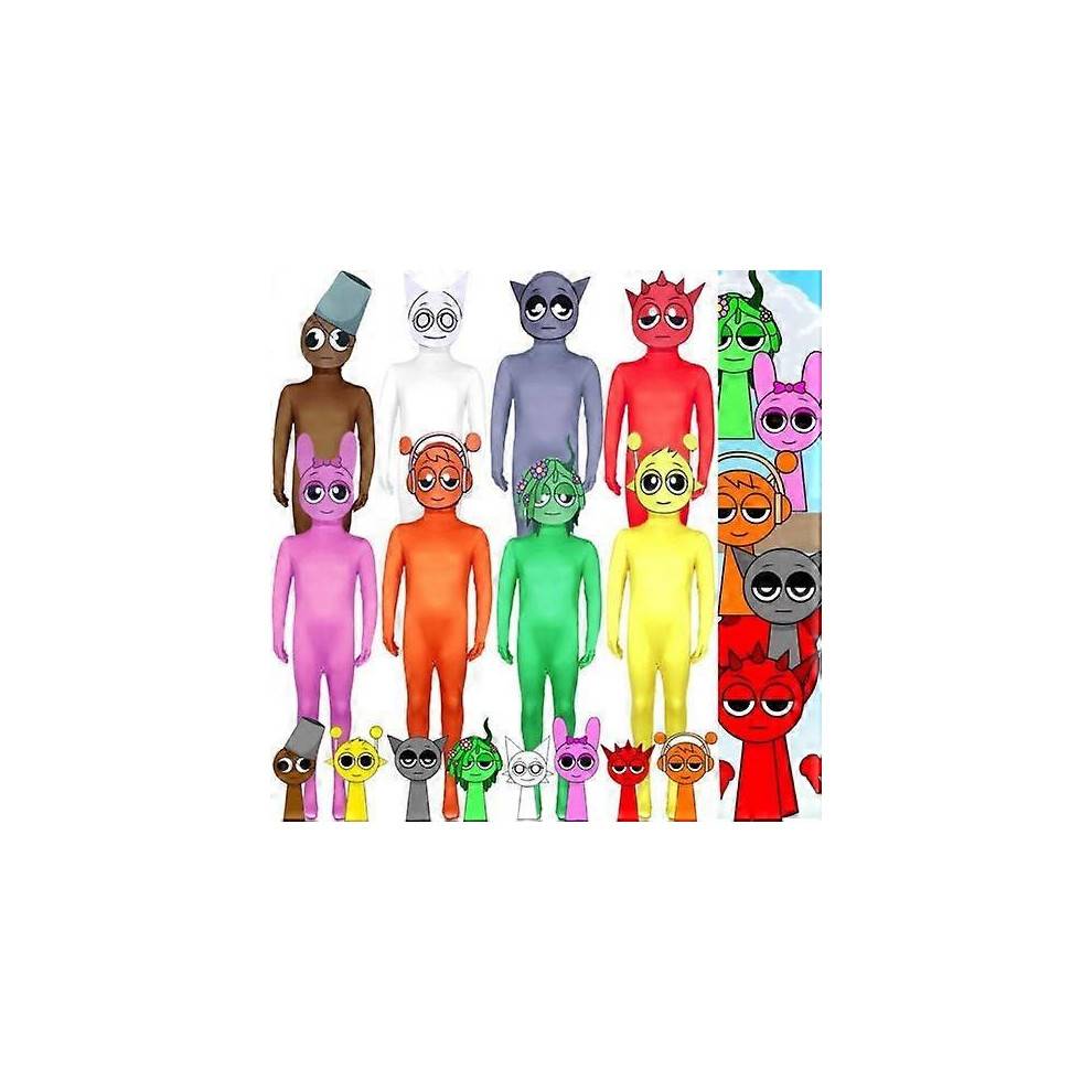(Height 160CM, Light Purple Pink) Kids Adult Sprunki Cosplay Jumpsuits Halloween Costume Bodysuit Headgear Outfits
