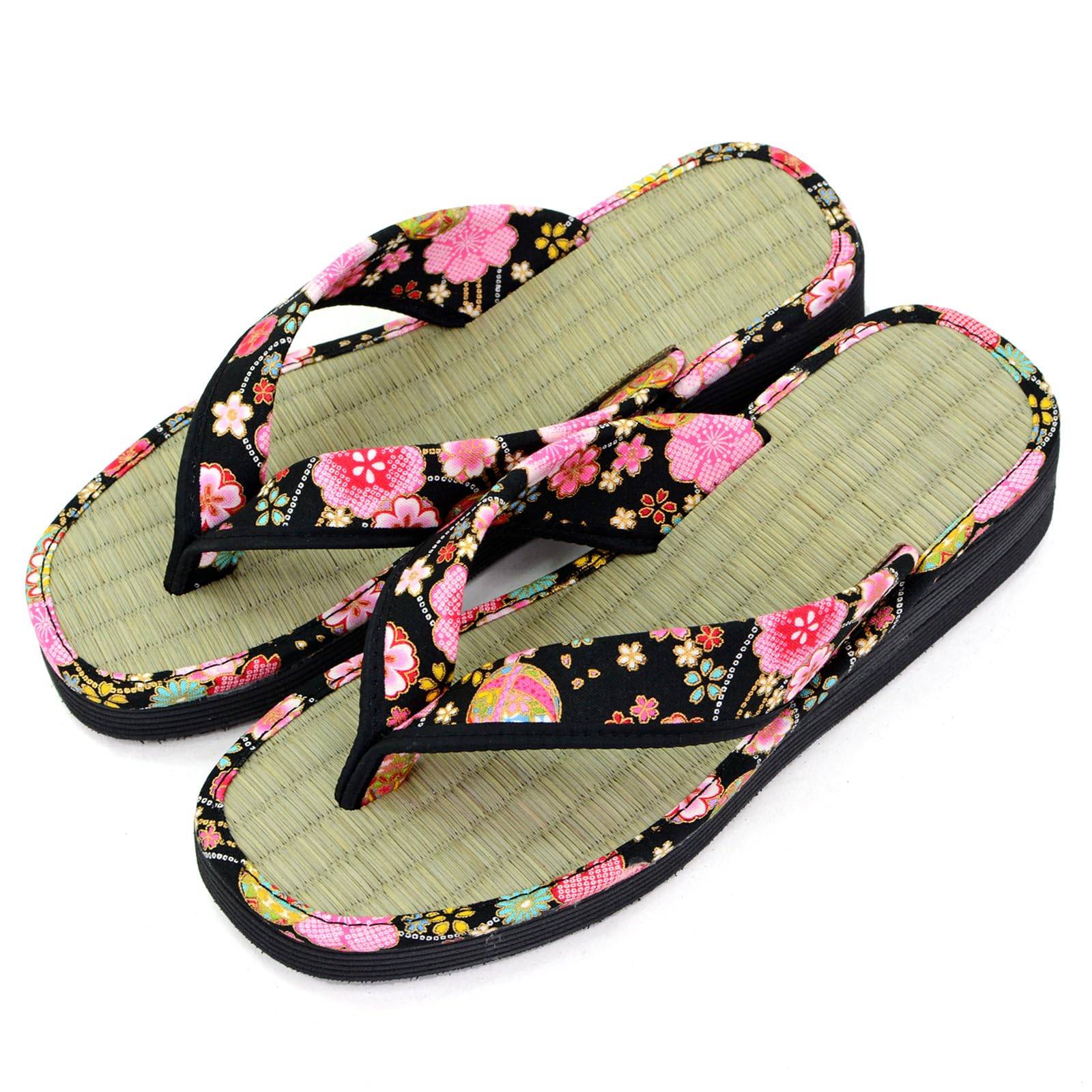 Takeharu Damkläder Calypso Geta Sandaler, Tillverkade i Japan med Tatami och Igusa Tyg, Bekväma och Bekväma, Svart, Storlek 36 (M)