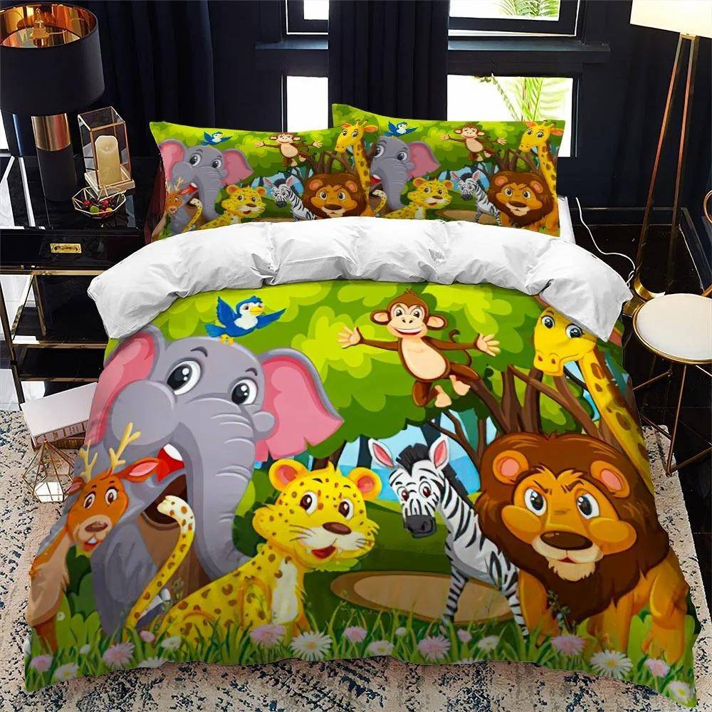 Tecknad Zoo Djur Sängklädesset Pojkar Flickor Enkel Queen Size Påslakan Örngott Säng Barn Vuxen Mode Hemtextil AU Single 140x210cm
