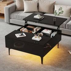 Soffbord, höj- och sänkbart soffbord med dold förvaring och hyllor, svart högglansigt vardagsrumsbord, skrivbord med LED, soffbord med lådor 70*70*35c - Svart + MDF
