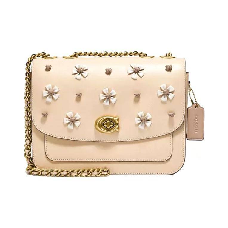 Coach Madison 23 Camellia Embellished Chain Flap Leather Small Square Shoulder Crossbody Bag Medium Women bags Milk-Tea C2280-B4IY Basic Set (Bag+Dust Bag)