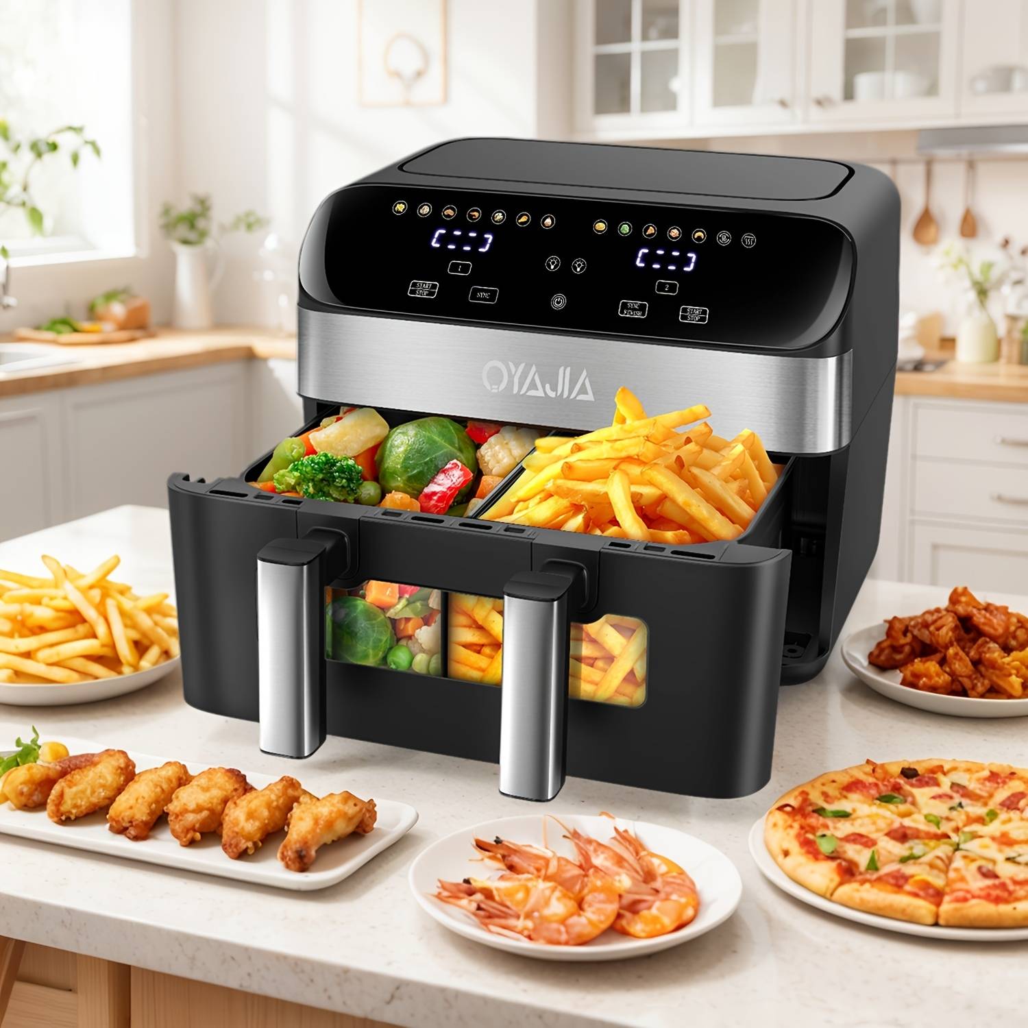 10l Dual Basket Air Fryer Oven With Easy View Windows, Sync End, Hi-fry, Auto Shutoff, 2 Independent 5l Nonstick Dishwasher Safe Frying Baskets, Air Fryer - Black