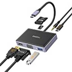 USB C bärbar dator dockningsstation dubbel skärm, iDsonix 7-i-1 USB C-hub-adapter med 4K HDMI, VGA, 100 W laddning, en USB 3.0 5 Gbps dataport, 3,5 mm ljud, SD/TF-platser för Dell/HP/Lenovo/MacBook Pro Laptop