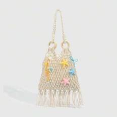 1pc Tropical Beach Holiday Ocean Element Macrame Tote Bag, Tropical Flower Decor Tassel Shoulder Bag - Multicolor - one-size