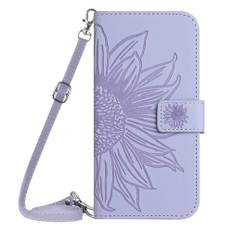 iPhone 15 Læder Cover m. Pung & Strop - Solsikke Indgravering - Lys Lilla