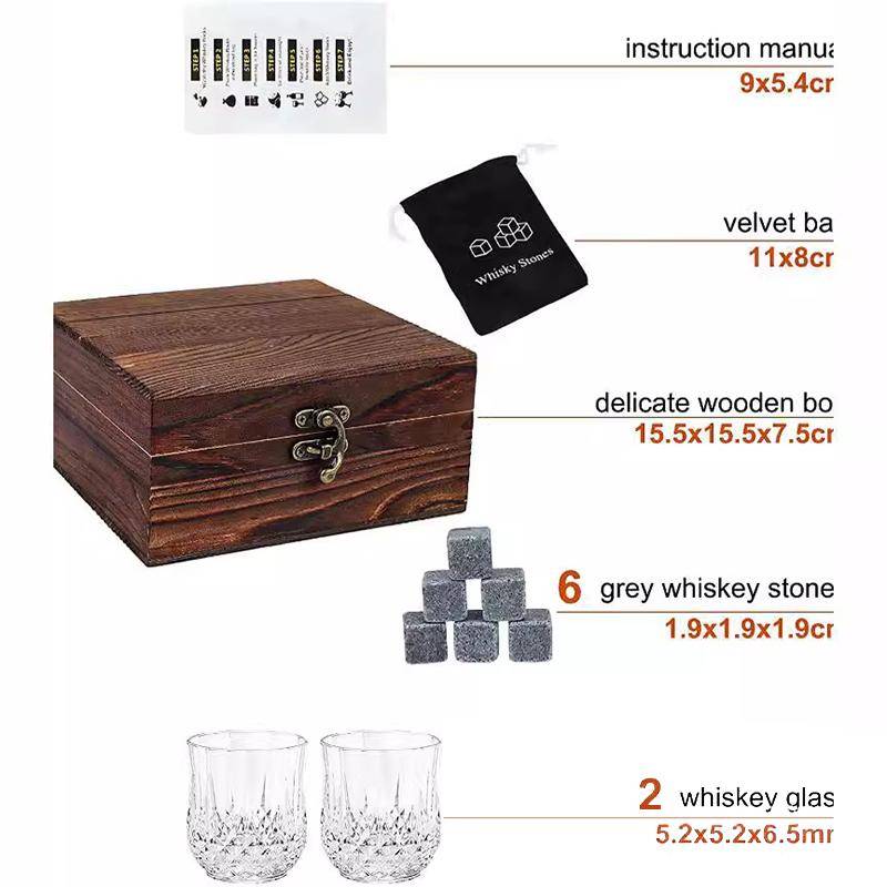 Whisky stenar och whiskyglas present set om 4, för män | Fars dag, 6 granit whisky stenar, 2 whiskyglas, 1 trälåda