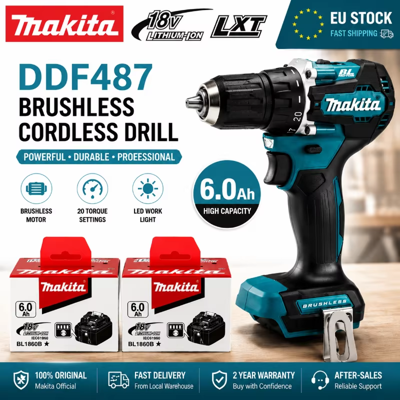 Original Makita 18V Cordless Drill DDF487 Brushless High Torque Drill Driver 10mm + 6.0Ah BL1860B BL1840 Lithium Battery Power Tool Set EU Stock Fast Shipping