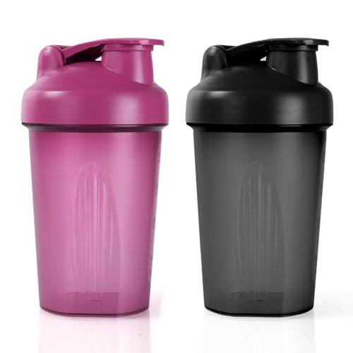 ACWOO Protein Shaker, 500ml Eiweiß Shaker, proteinshaker mit Messskala, BPA Frei, auslaufsicher, Langlebiger, Geruchsneutraler Shake Becher, Shaker für cremige Whey Proteinpulver Shake(Schwarz + Lila