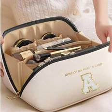 1pc PU Leather Cosmetic Bag, Multifunctional Toiletry Bag With A-Z Letter Print, Waterproof Portable Travel Makeup Bag, Unisex Beauty Organizer Pouch, - Multicolor - Black and White