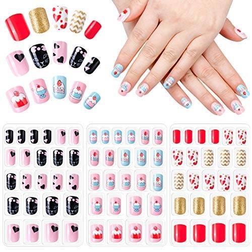 72 stycken barn naglar tryck på, limmade i förväg, heltäckande falska nagelsatser, 3-pack söta konstgjorda lösnagelspetsar för barn och tonårsflickor