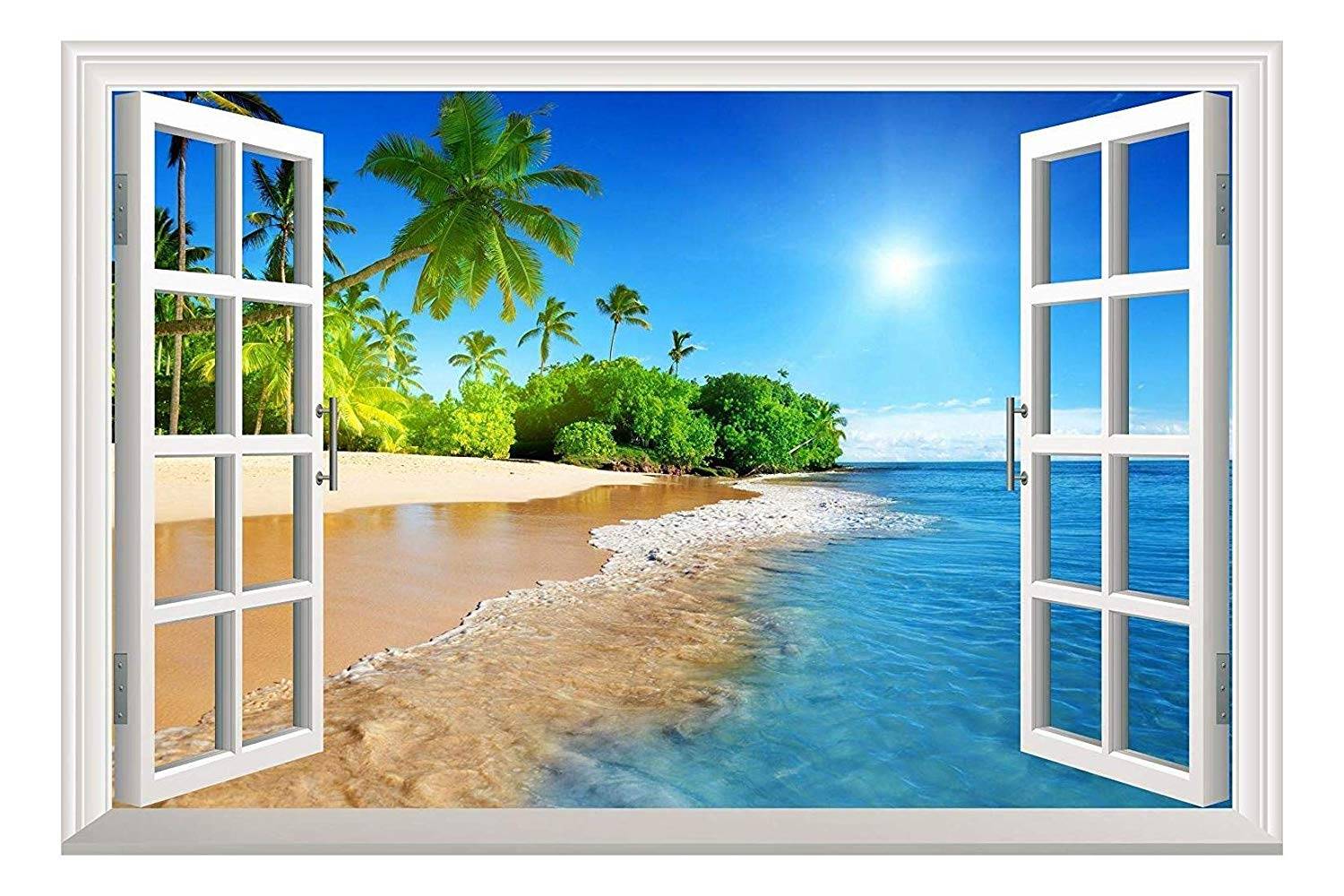 3d fullfärg högupplöst sommar solsken strand natur falska faux fönster ram fönster väggmålning vinyl sovrum klistermärken - 80 x 120cm 32 x 48 tum