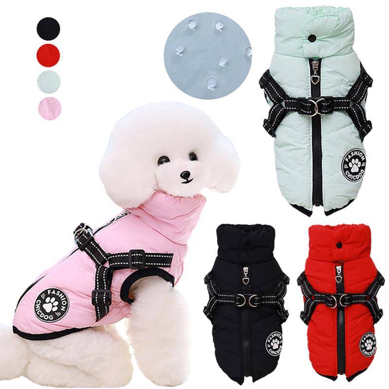 Vattentäta husdjurskläder med sele för små medelstora hundar Jacka Hög krage Valpkappa Chihuahua Mops Pudel Kostymer Outfits svart