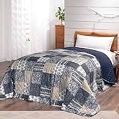 Överkast, lapptäcke, i vintagedesign, sängöverkast i lapptäcksstil, för enkelsäng, 140 x 210 cm, blått (Mellow Blue)