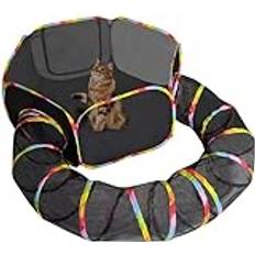 Outdoor Cat Enclosures, 2-in-1 Portable Rainbow Cat Tent with Tunnel for Outdoor Kitten Mesh Playpen Enclosed Catio Collapsible Outside Compound Pet Play House,A