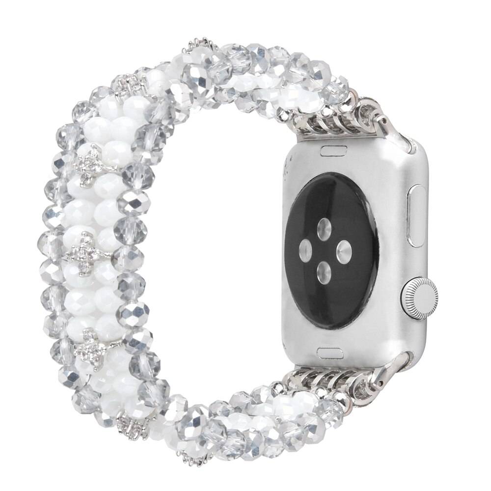 True pearl watch armband för apple watch band naturliga pärlor iwatch 7 se armband dam elastisk ersättning 41mm 45mm 44mm - Kristallvit / 41mm