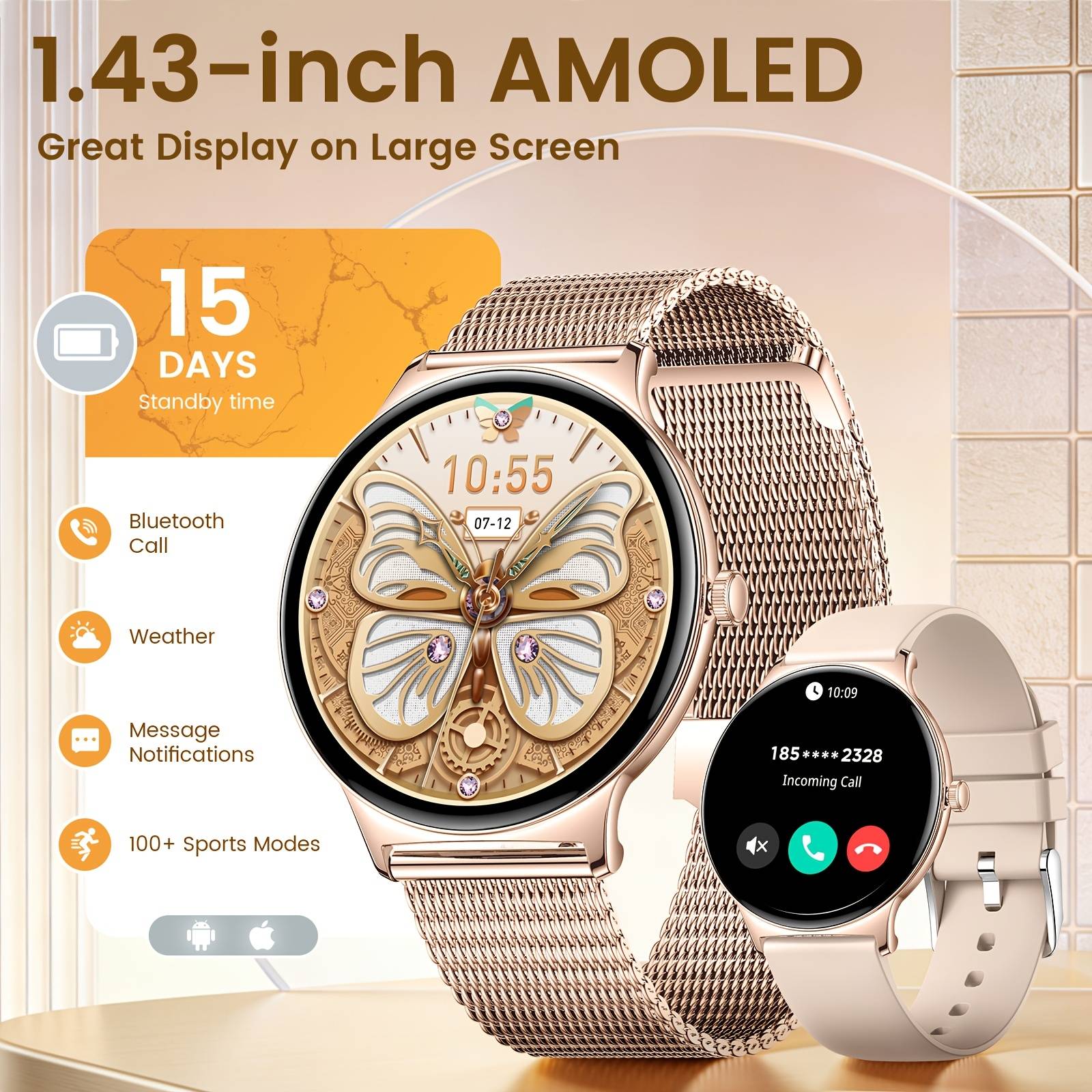 Women's Smartwatch 1.43-inch Amoled Ultra Thin Smartwatch With Bluetooth Calls Women' 120 Pedometer, Fitness For Iphone , Golden Mesh