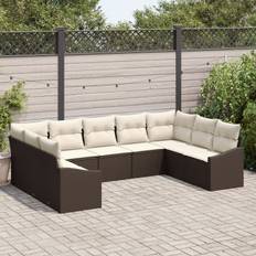 9-delt Have Sofa Sæt med Puder Brun Poly Rattan